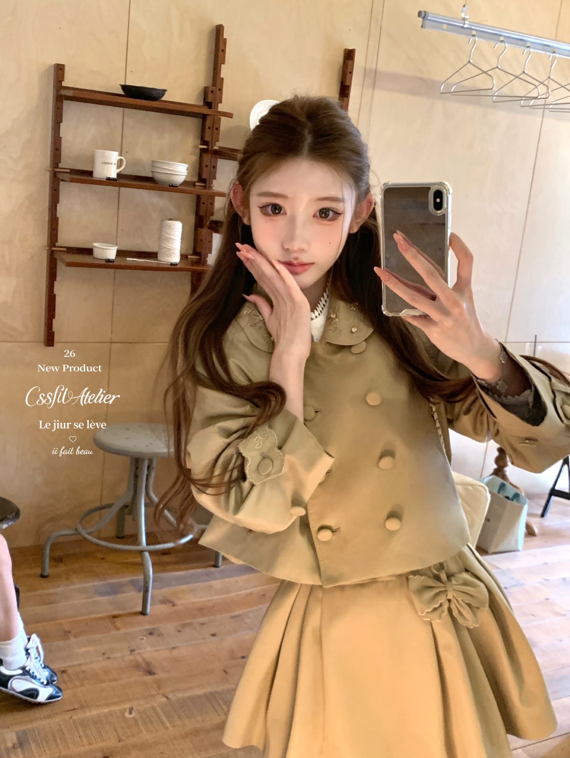 늦게 우산 우산 26 ss 질감 어형 변화표 자수 칼라 이중 버튼 짧은 재킷 재킷 자수 나비 매듭 반 스커트 상세 이미지 13