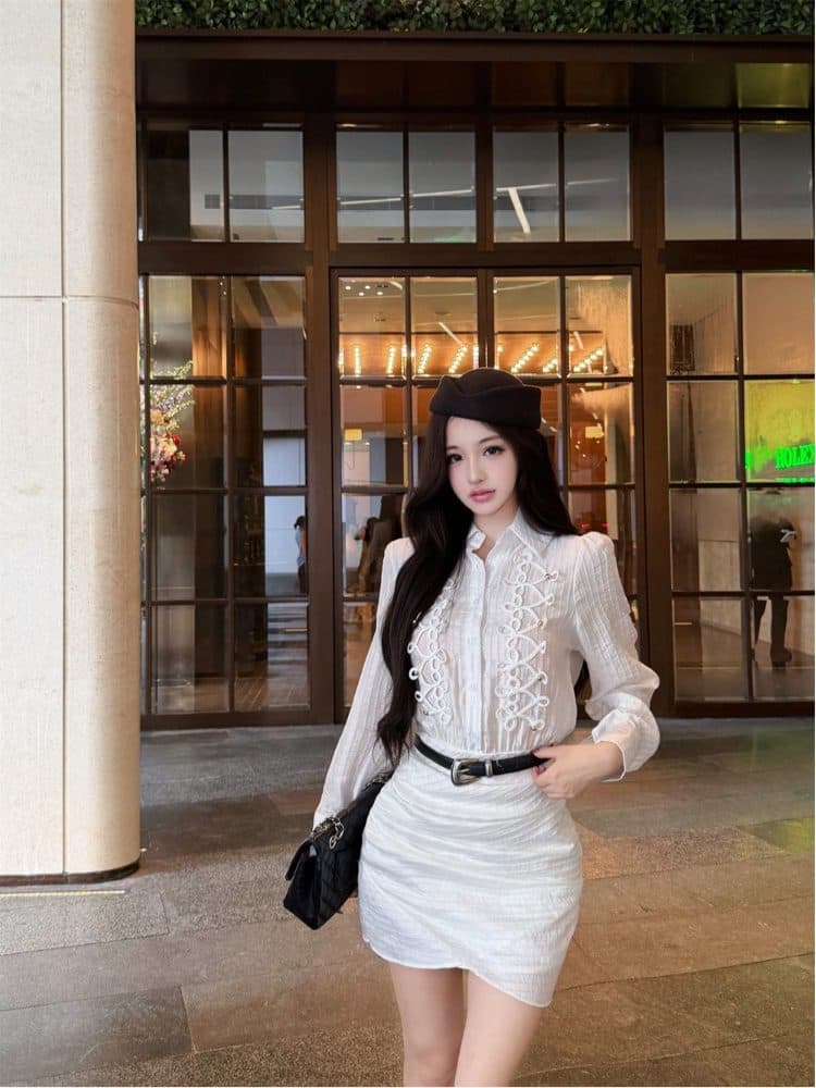 프랑스식 출퇴근 바람 화이트 단추 긴팔 셔츠 드레스 여성 가을 몸매 가꾸기 허리 수축 드레스 벨트 보내기 품격 치마 이미지 4