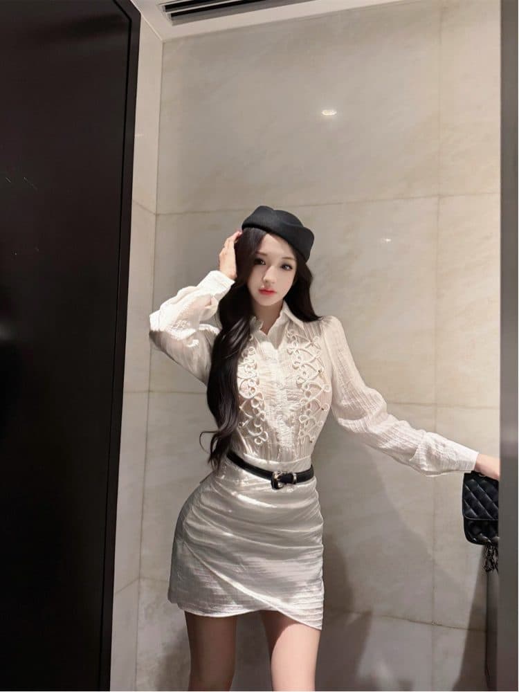프랑스식 출퇴근 바람 화이트 단추 긴팔 셔츠 드레스 여성 가을 몸매 가꾸기 허리 수축 드레스 벨트 보내기 품격 치마 이미지 3