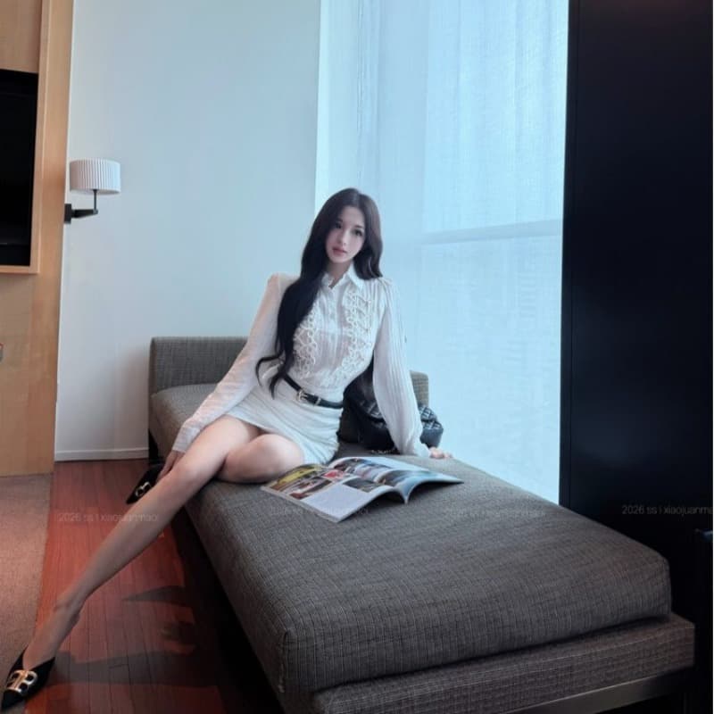 프랑스식 출퇴근 바람 화이트 단추 긴팔 셔츠 드레스 여성 가을 몸매 가꾸기 허리 수축 드레스 벨트 보내기 품격 치마 이미지 5