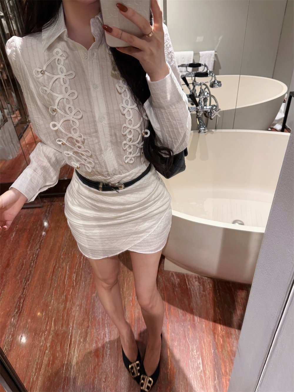 프랑스식 출퇴근 바람 화이트 단추 긴팔 셔츠 드레스 여성 가을 몸매 가꾸기 허리 수축 드레스 벨트 보내기 품격 치마 상세 이미지 2