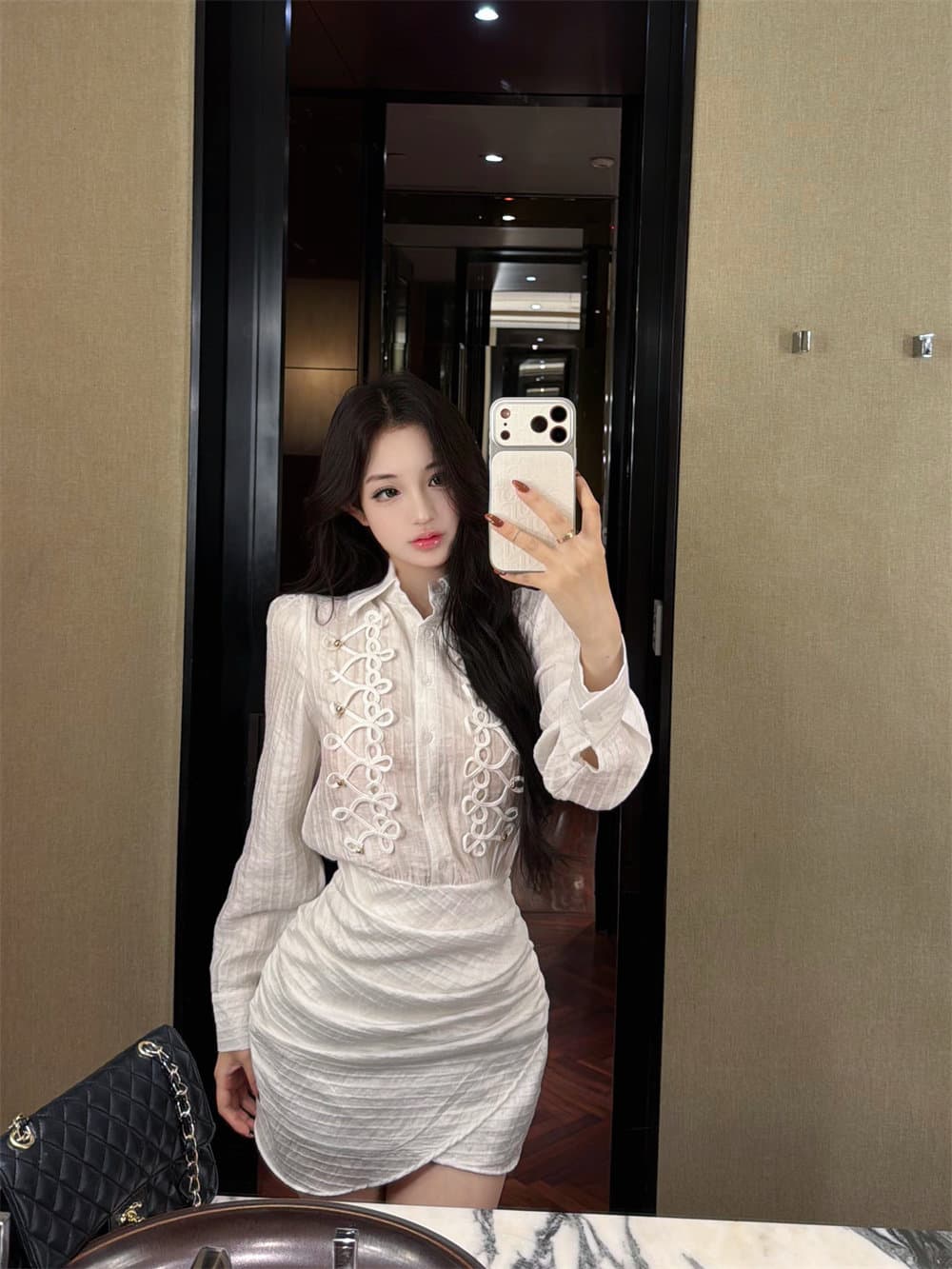 프랑스식 출퇴근 바람 화이트 단추 긴팔 셔츠 드레스 여성 가을 몸매 가꾸기 허리 수축 드레스 벨트 보내기 품격 치마 상세 이미지 4