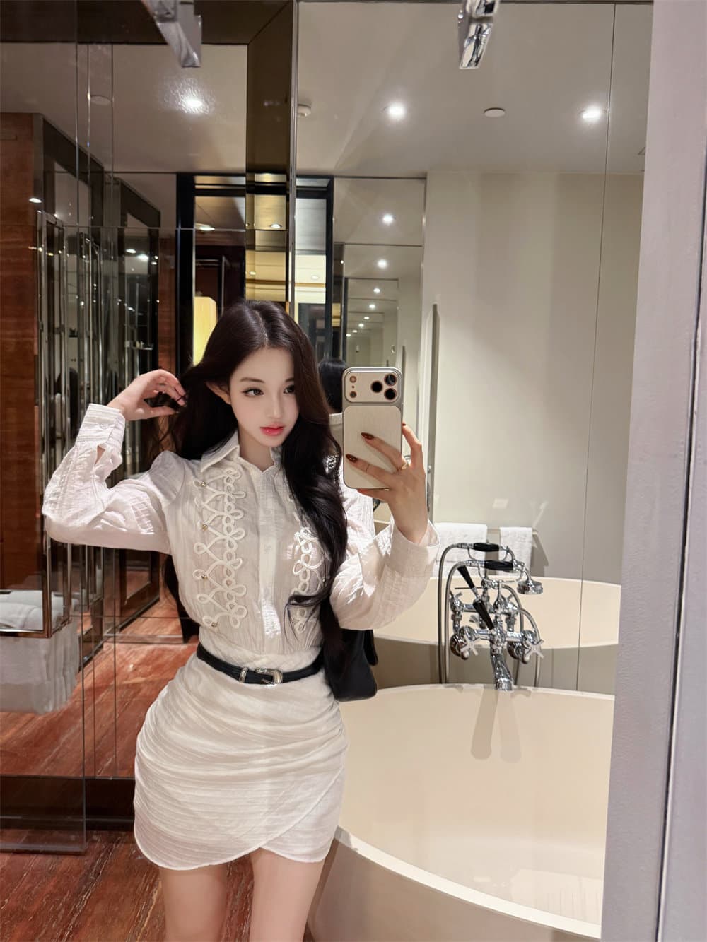 프랑스식 출퇴근 바람 화이트 단추 긴팔 셔츠 드레스 여성 가을 몸매 가꾸기 허리 수축 드레스 벨트 보내기 품격 치마 상세 이미지 5