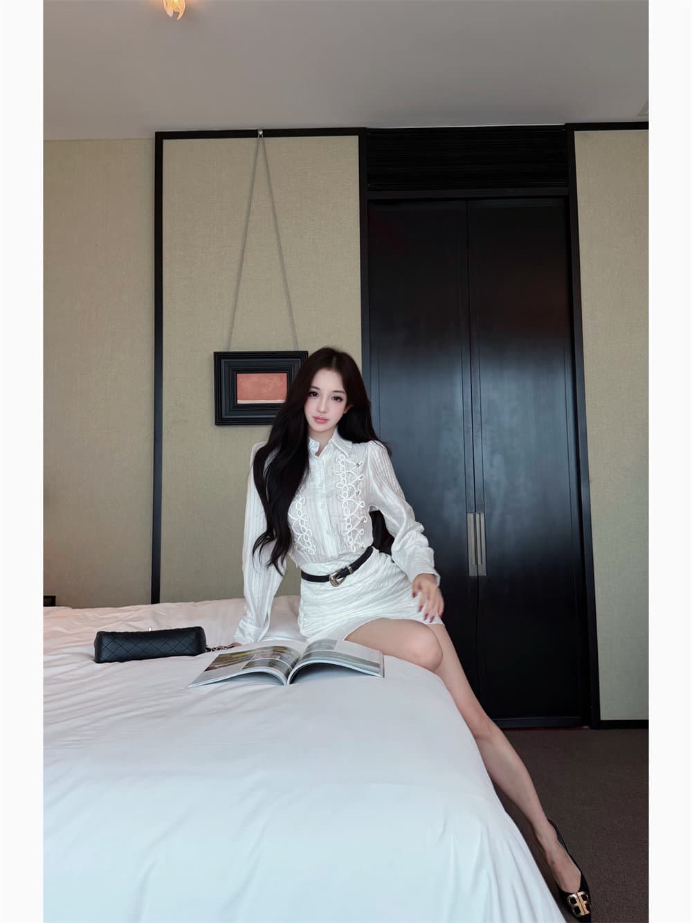 프랑스식 출퇴근 바람 화이트 단추 긴팔 셔츠 드레스 여성 가을 몸매 가꾸기 허리 수축 드레스 벨트 보내기 품격 치마 상세 이미지 10
