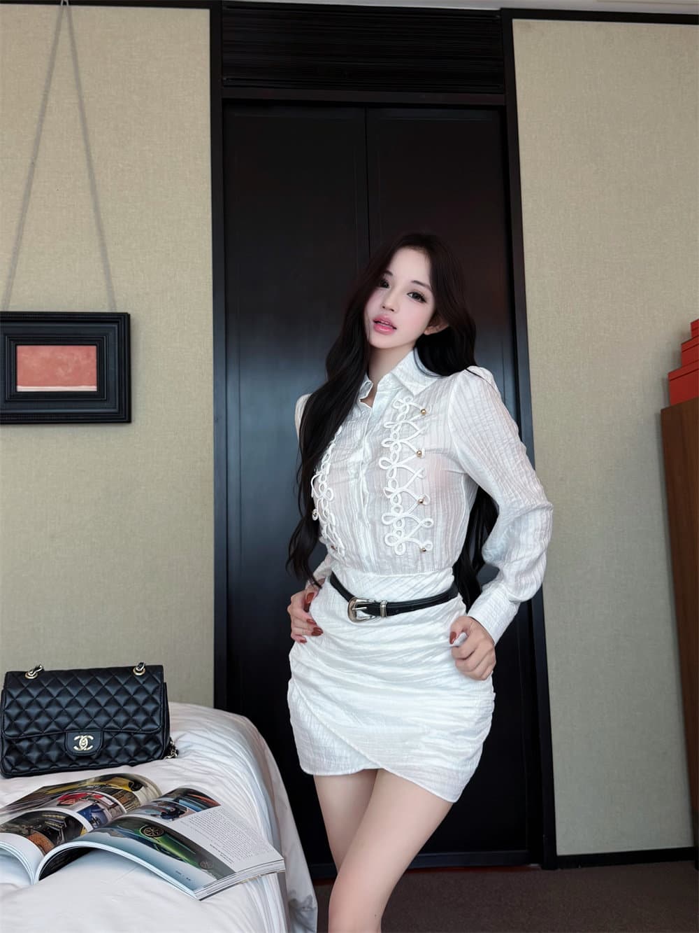 프랑스식 출퇴근 바람 화이트 단추 긴팔 셔츠 드레스 여성 가을 몸매 가꾸기 허리 수축 드레스 벨트 보내기 품격 치마 상세 이미지 11