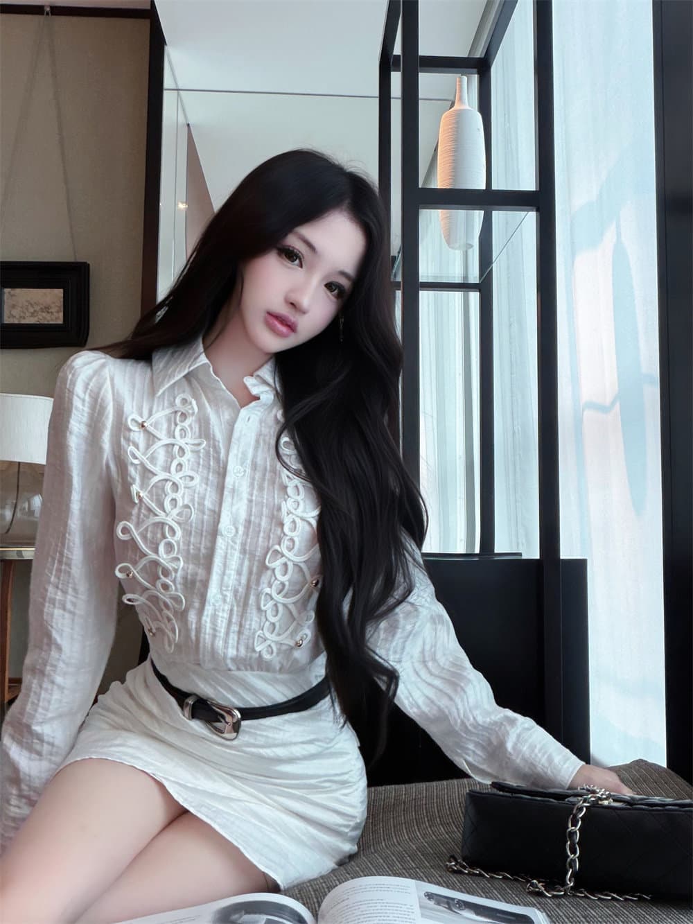 프랑스식 출퇴근 바람 화이트 단추 긴팔 셔츠 드레스 여성 가을 몸매 가꾸기 허리 수축 드레스 벨트 보내기 품격 치마 상세 이미지 13