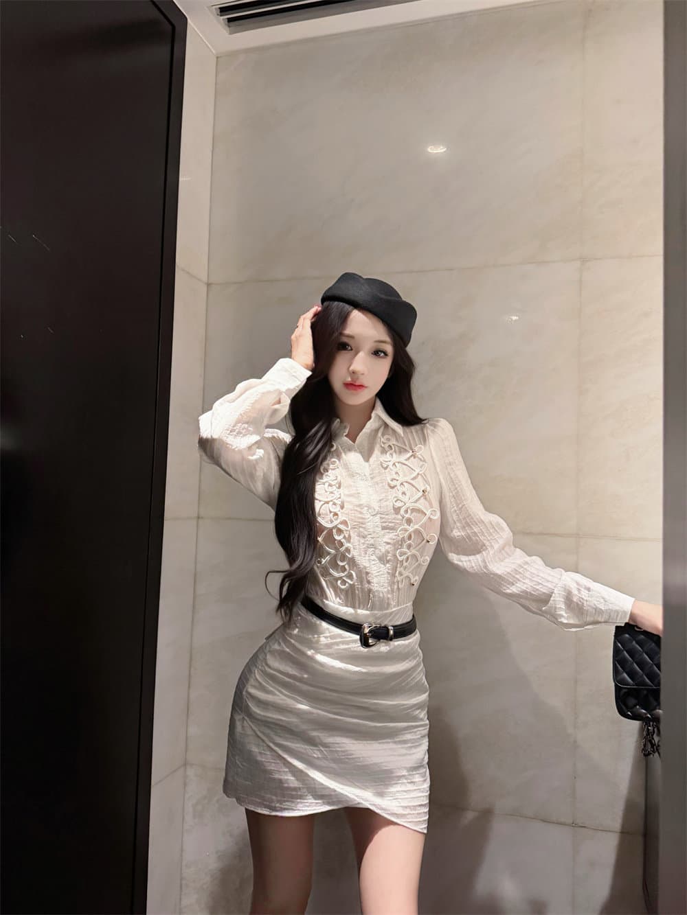 프랑스식 출퇴근 바람 화이트 단추 긴팔 셔츠 드레스 여성 가을 몸매 가꾸기 허리 수축 드레스 벨트 보내기 품격 치마 상세 이미지 18