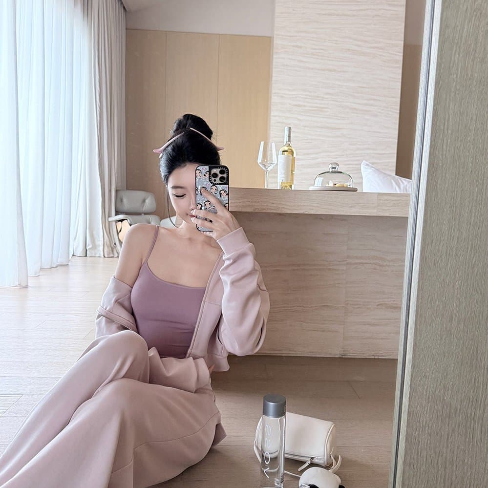 laareetoo 모달 면 후드 티 스웨터 여성 가을 맨위 캐미솔 캐주얼 바지 만 가져 가라. 세트 그룹 이미지 3