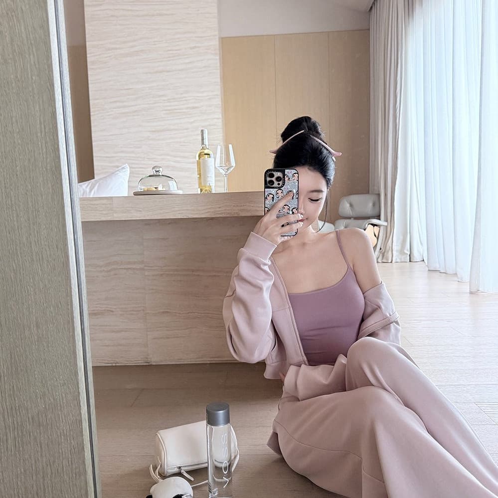 laareetoo 모달 면 후드 티 스웨터 여성 가을 맨위 캐미솔 캐주얼 바지 만 가져 가라. 세트 그룹 이미지 5