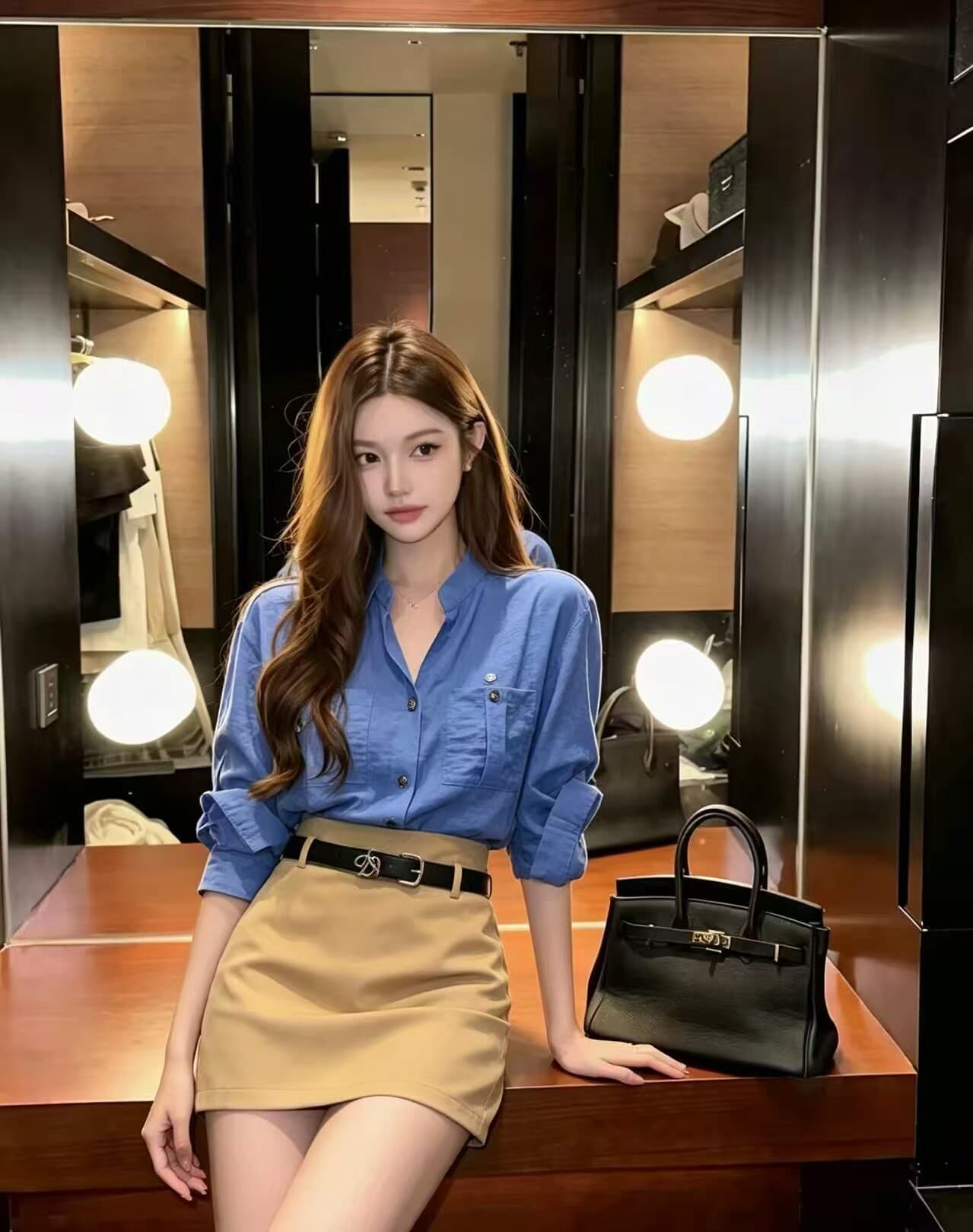 2026 가을 여성 의류 세트 톰 글 래 원인 블루 셔츠 맨위 반신 스커트 품격 슬림해 보이는 오래된 돈 바람 아름다운 자세 상세 이미지 5