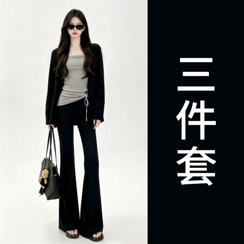 한 부서 자이언트 잘 생긴 조기 가을 착용 가져 가라. 전체 집합 2026 새로운 검정색 오픈 가디건 맨위 여성 긴 바지 세 조각 세트