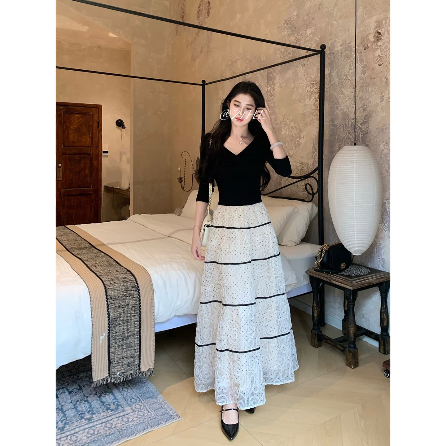 茜 거만한 와우 백조 목 모방 실크 양모 니트 스웨터 여성 이른 가을 프랑스식 V넥 긴팔 티셔츠 도트 무늬 세트 드레스