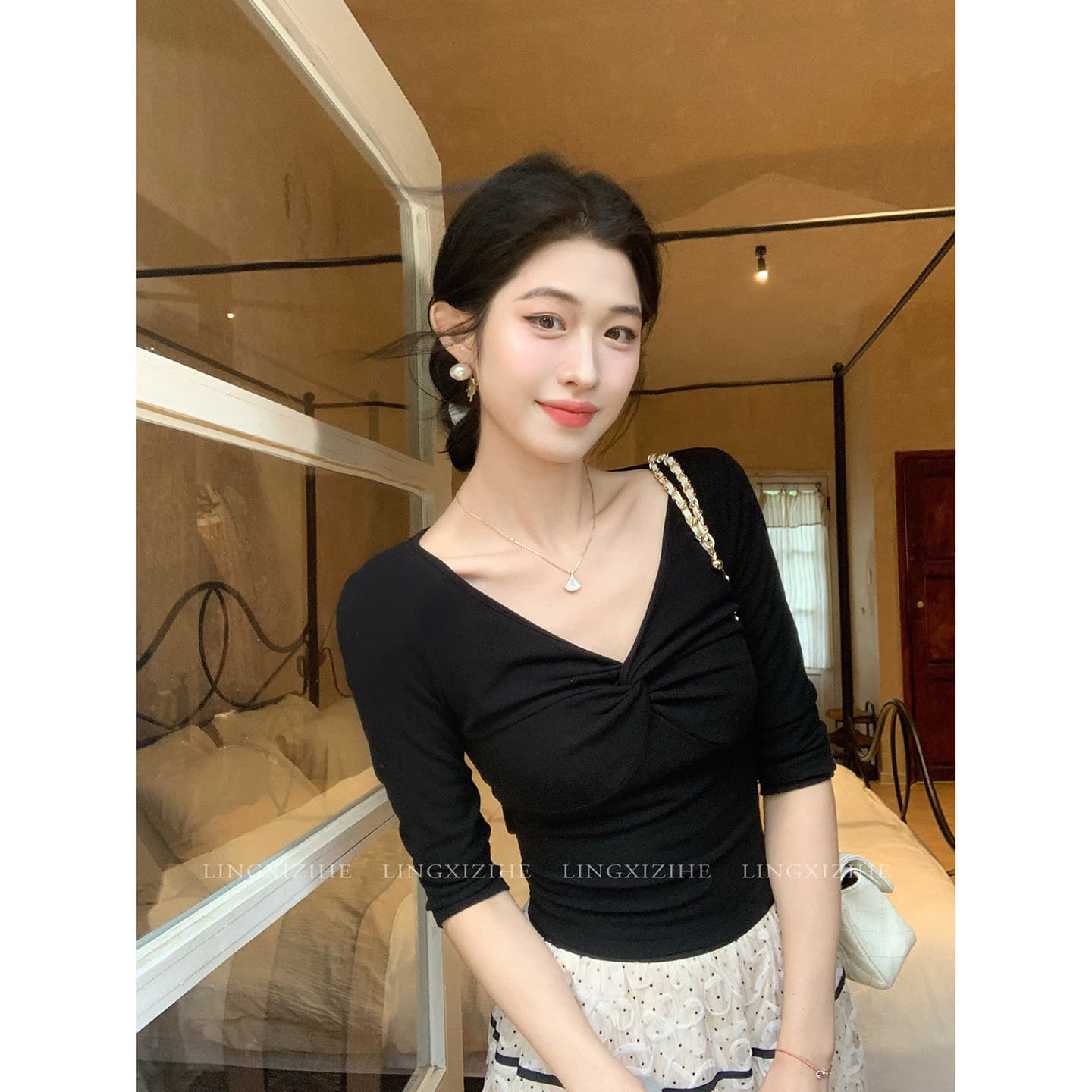 茜 거만한 와우 백조 목 모방 실크 양모 니트 스웨터 여성 이른 가을 프랑스식 V넥 긴팔 티셔츠 도트 무늬 세트 드레스 이미지 2