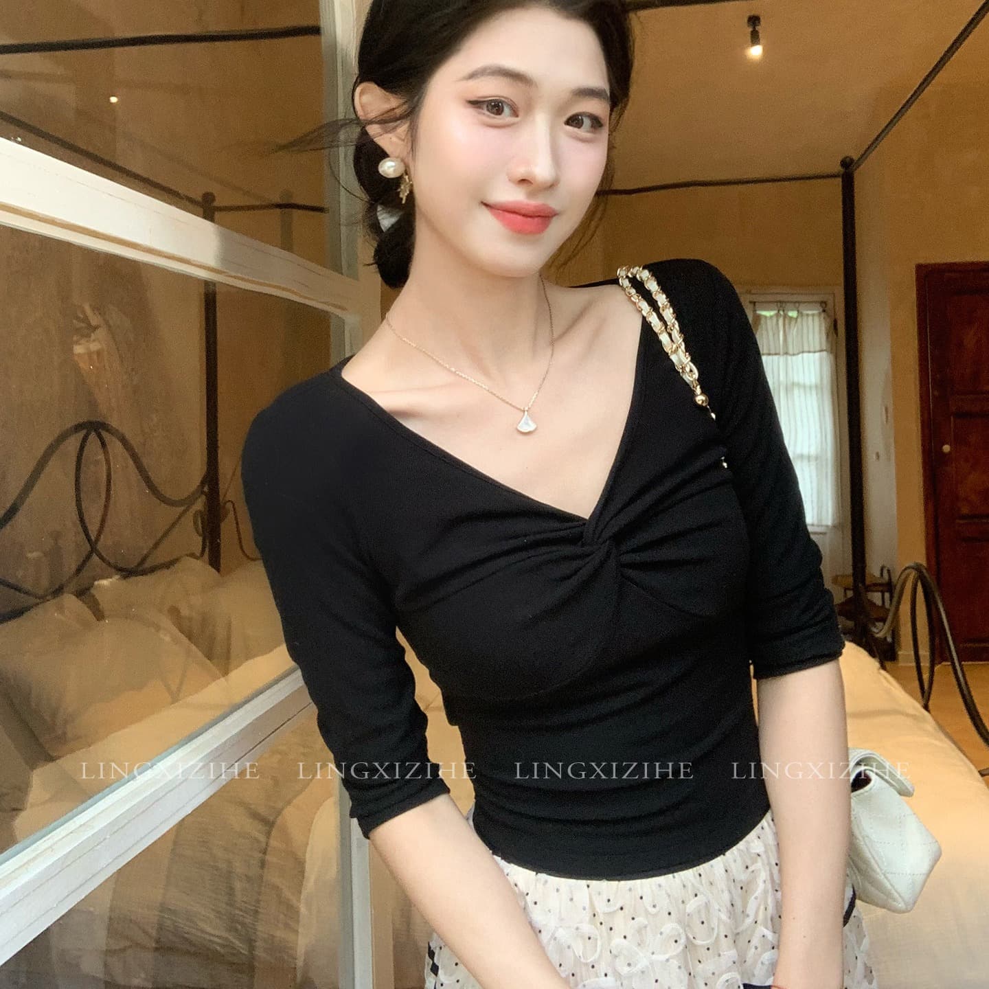 茜 거만한 와우 백조 목 모방 실크 양모 니트 스웨터 여성 이른 가을 프랑스식 V넥 긴팔 티셔츠 도트 무늬 세트 드레스 이미지 5
