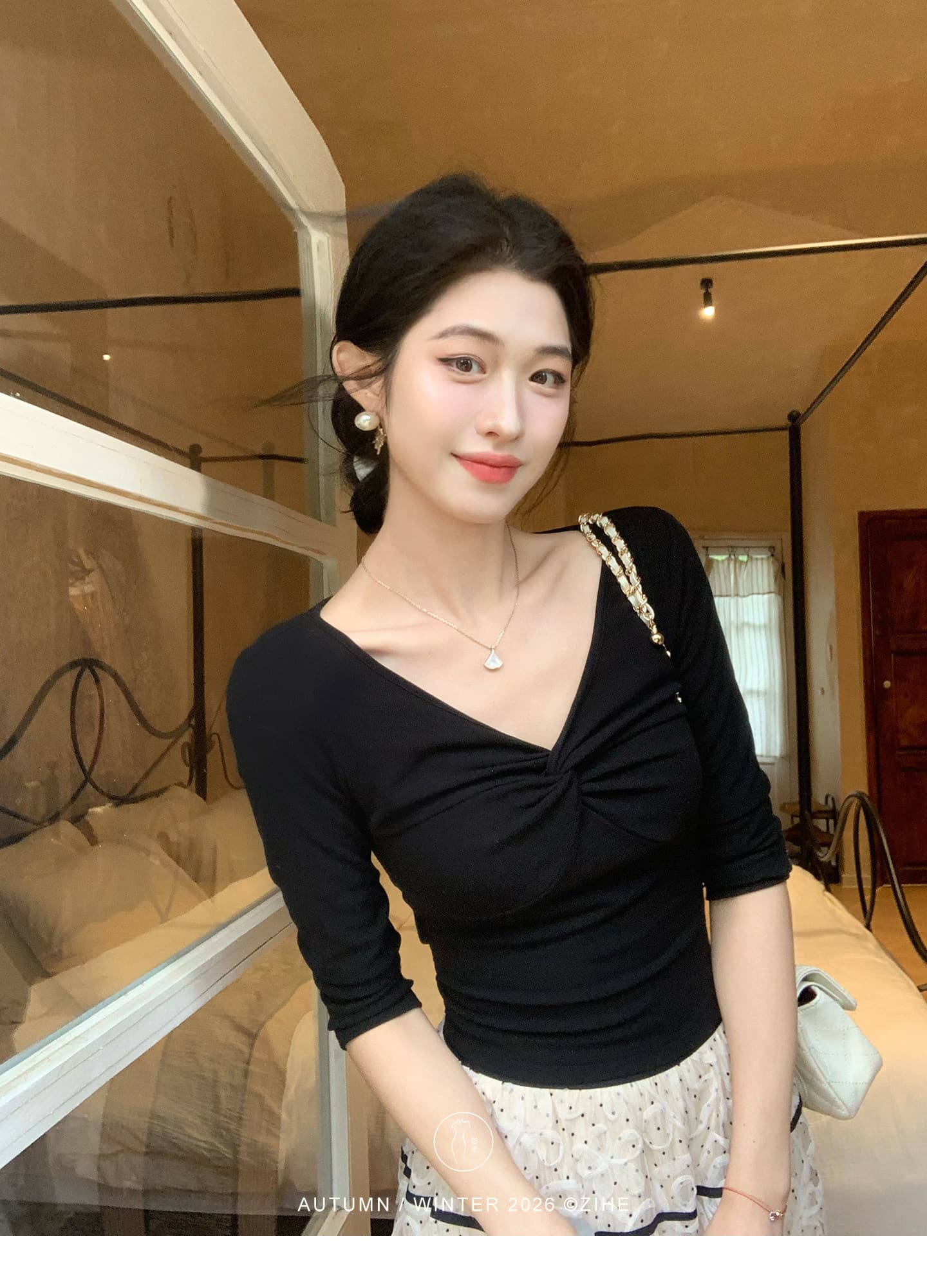 茜 거만한 와우 백조 목 모방 실크 양모 니트 스웨터 여성 이른 가을 프랑스식 V넥 긴팔 티셔츠 도트 무늬 세트 드레스 상세 이미지 3