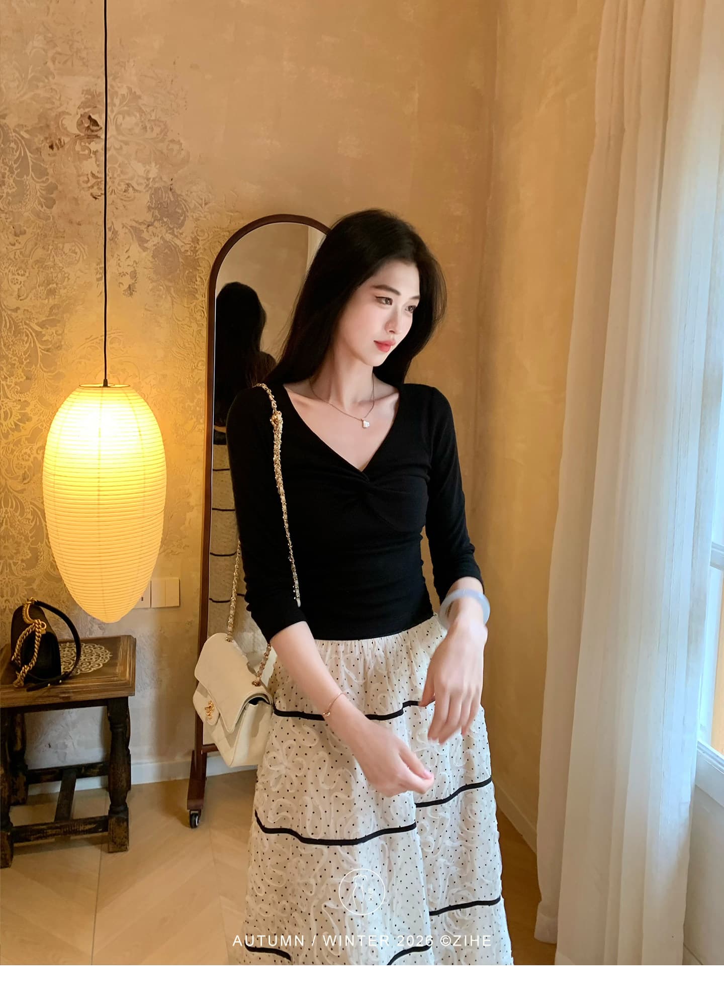 茜 거만한 와우 백조 목 모방 실크 양모 니트 스웨터 여성 이른 가을 프랑스식 V넥 긴팔 티셔츠 도트 무늬 세트 드레스 상세 이미지 9