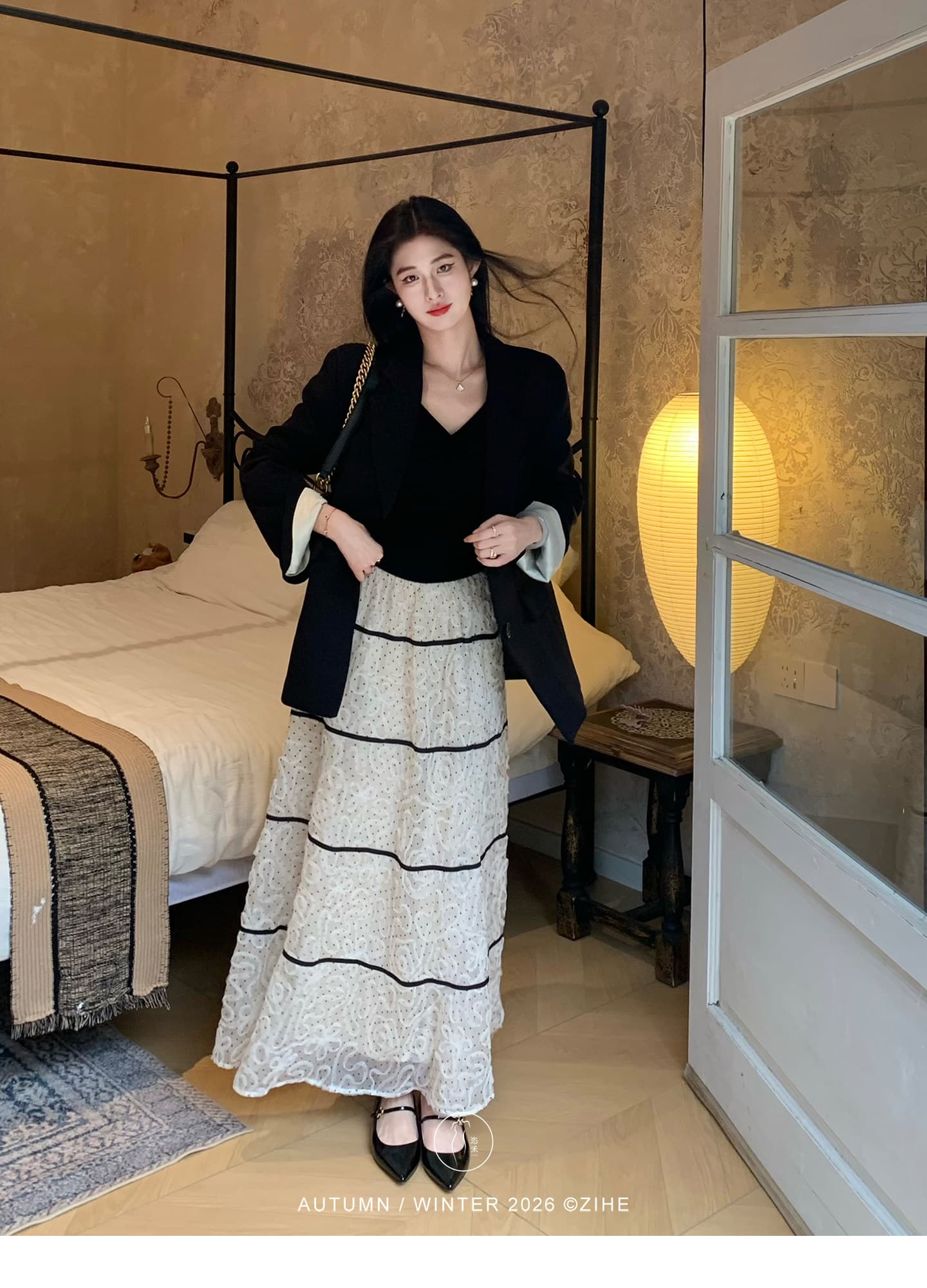 茜 거만한 와우 백조 목 모방 실크 양모 니트 스웨터 여성 이른 가을 프랑스식 V넥 긴팔 티셔츠 도트 무늬 세트 드레스 상세 이미지 12