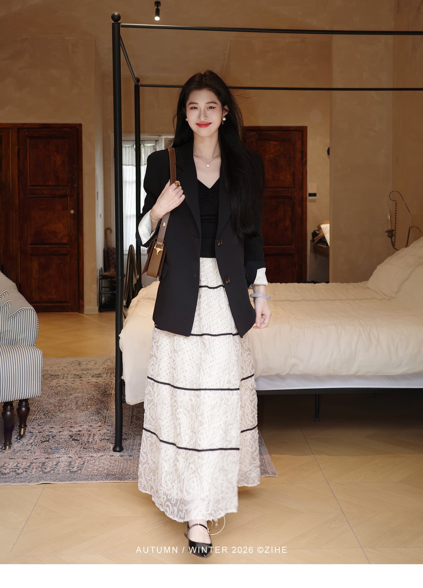 茜 거만한 와우 백조 목 모방 실크 양모 니트 스웨터 여성 이른 가을 프랑스식 V넥 긴팔 티셔츠 도트 무늬 세트 드레스 상세 이미지 13