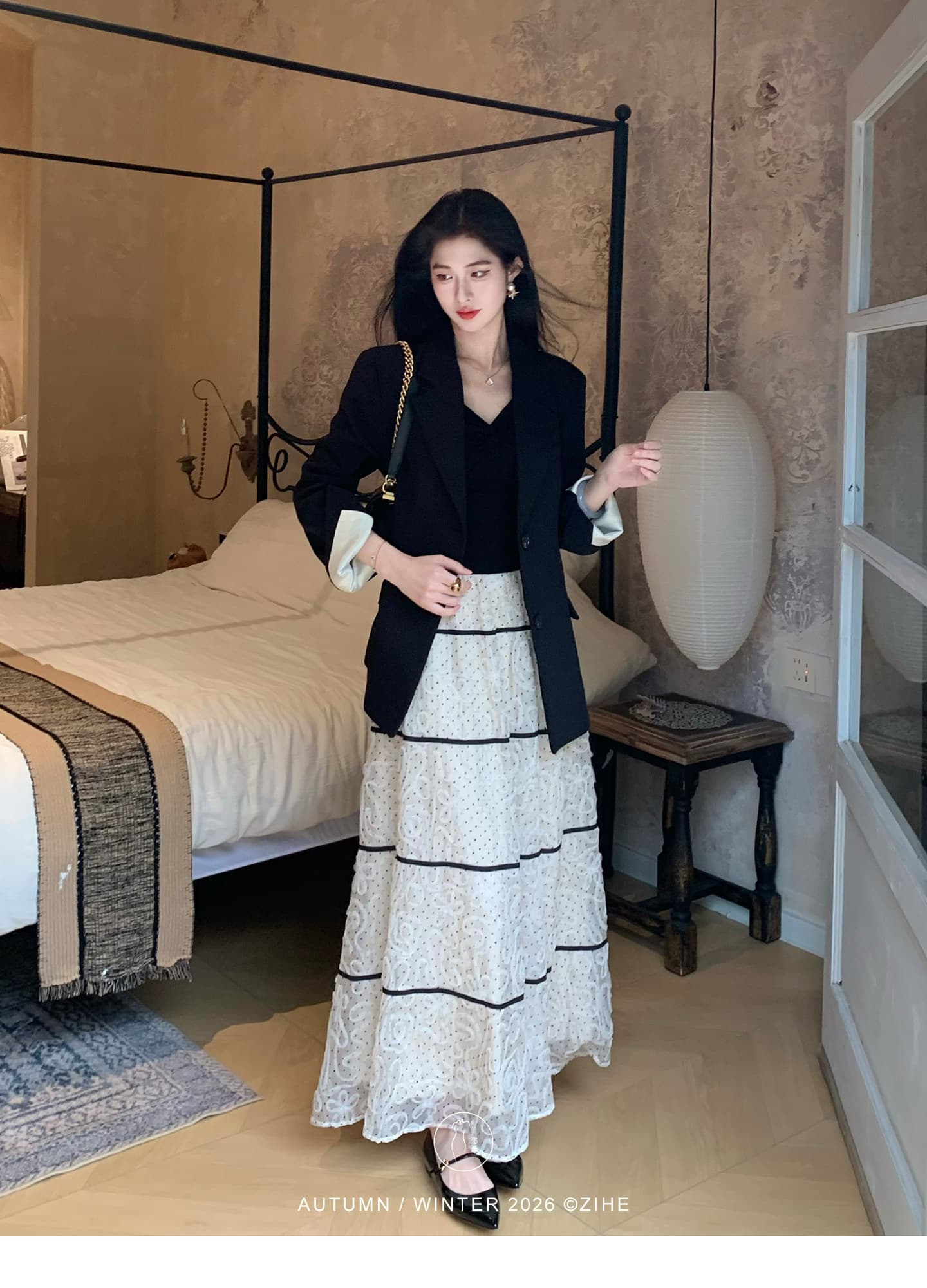 茜 거만한 와우 백조 목 모방 실크 양모 니트 스웨터 여성 이른 가을 프랑스식 V넥 긴팔 티셔츠 도트 무늬 세트 드레스 상세 이미지 14