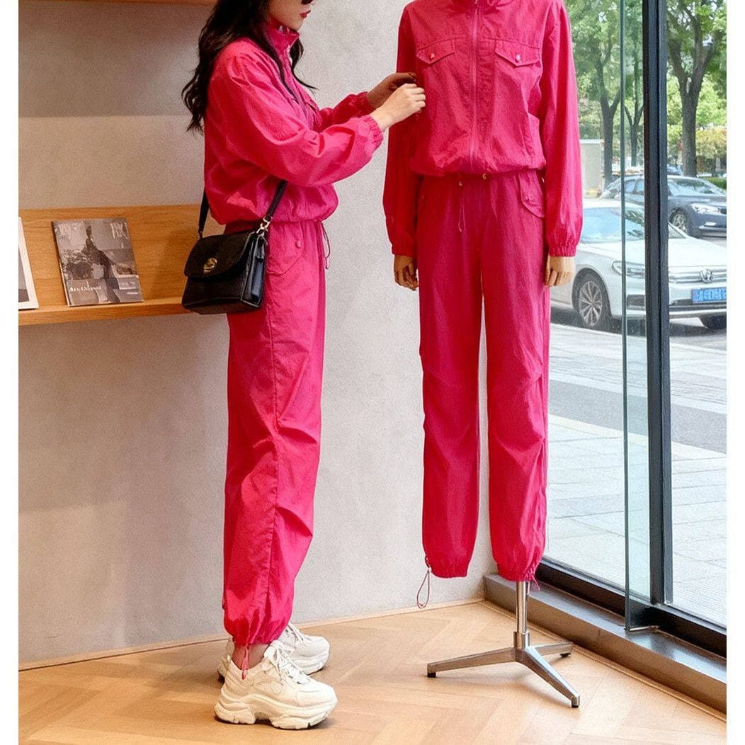 로즈 레드 캐주얼 스포츠 슈트 여성 러닝 피트니스 속도 건조한 자외선 차단 재킷 조거 바지 봄 드레스 코디 전체 집합 이미지 4