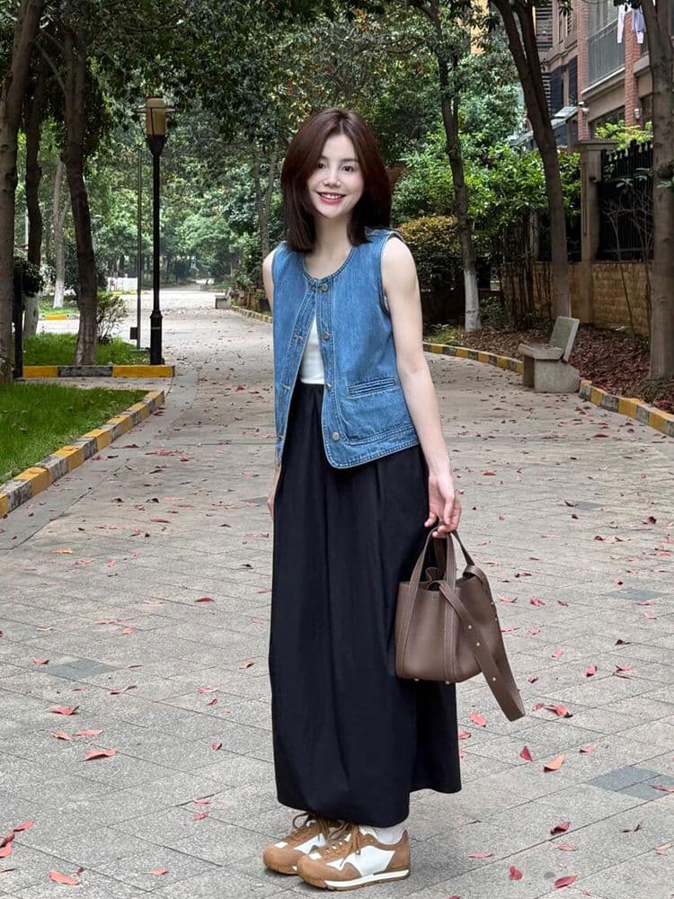 레트로 라운드 옷깃 세차 물 쇼트 스타일 데님 베스트 조끼 여성 여름 작은 키 루즈핏 다용도 민소매 어깨 맨위 이미지 2