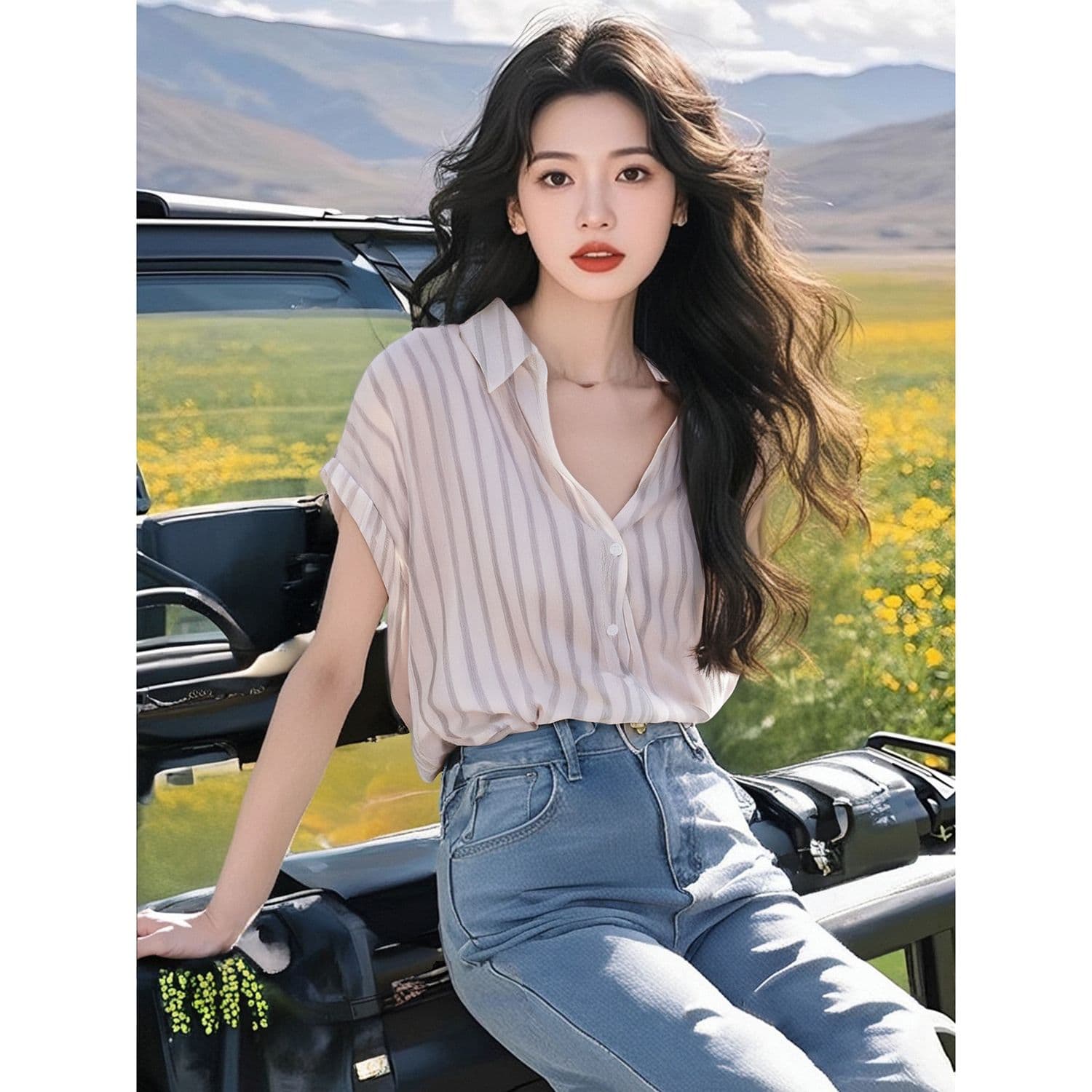 패션 미니멀리즘 아마 스트라이프 반팔 여성 셔츠 2026 여름 새로운 디자인 센스 오래된 돈 바람 캐주얼 슬림해 보이는 맨위 상세 이미지 1