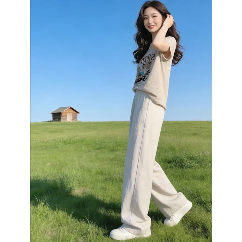 여름 밝은색 반팔 티셔츠 와이드 레그 팬츠 투피스 세트 여성 의류 봄 여름 섹션 만화 프린트 캐주얼 스포츠 슈트 여성 이미지 4