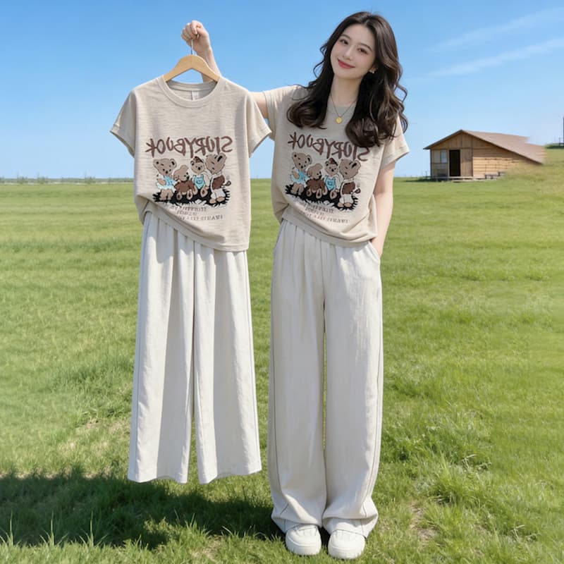 여름 밝은색 반팔 티셔츠 와이드 레그 팬츠 투피스 세트 여성 의류 봄 여름 섹션 만화 프린트 캐주얼 스포츠 슈트 여성 상세 이미지 1