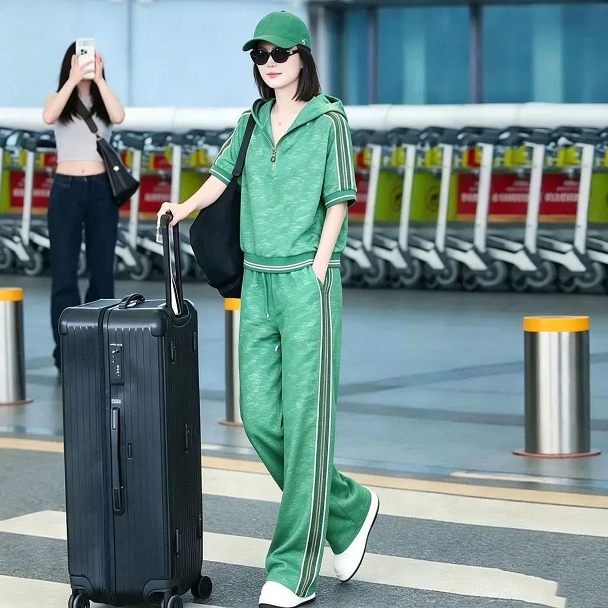 작은 키 ootd 착용 가져 가라. 연령 감소 여름 하프 지퍼 꽃무늬 반팔 모자 셔츠 운동 캐주얼 바지 투피스 슈트 여성 이미지 5