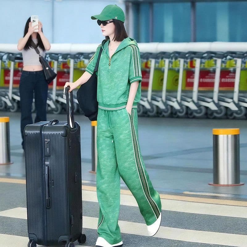 작은 키 ootd 착용 가져 가라. 연령 감소 여름 하프 지퍼 꽃무늬 반팔 모자 셔츠 운동 캐주얼 바지 투피스 슈트 여성 상세 이미지 1