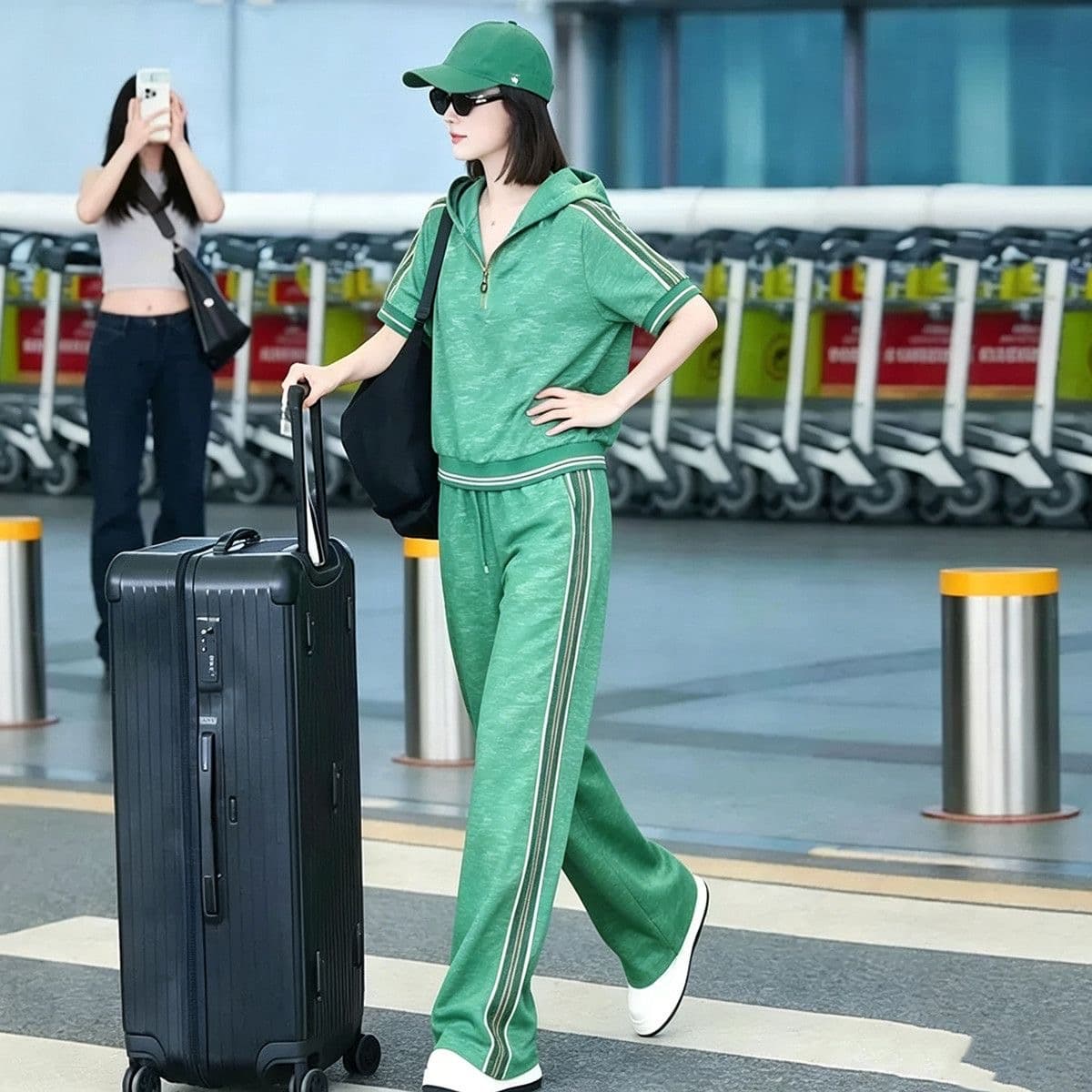 작은 키 ootd 착용 가져 가라. 연령 감소 여름 하프 지퍼 꽃무늬 반팔 모자 셔츠 운동 캐주얼 바지 투피스 슈트 여성 상세 이미지 5