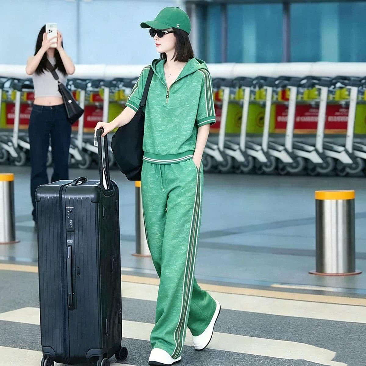 작은 키 ootd 착용 가져 가라. 연령 감소 여름 하프 지퍼 꽃무늬 반팔 모자 셔츠 운동 캐주얼 바지 투피스 슈트 여성 상세 이미지 6