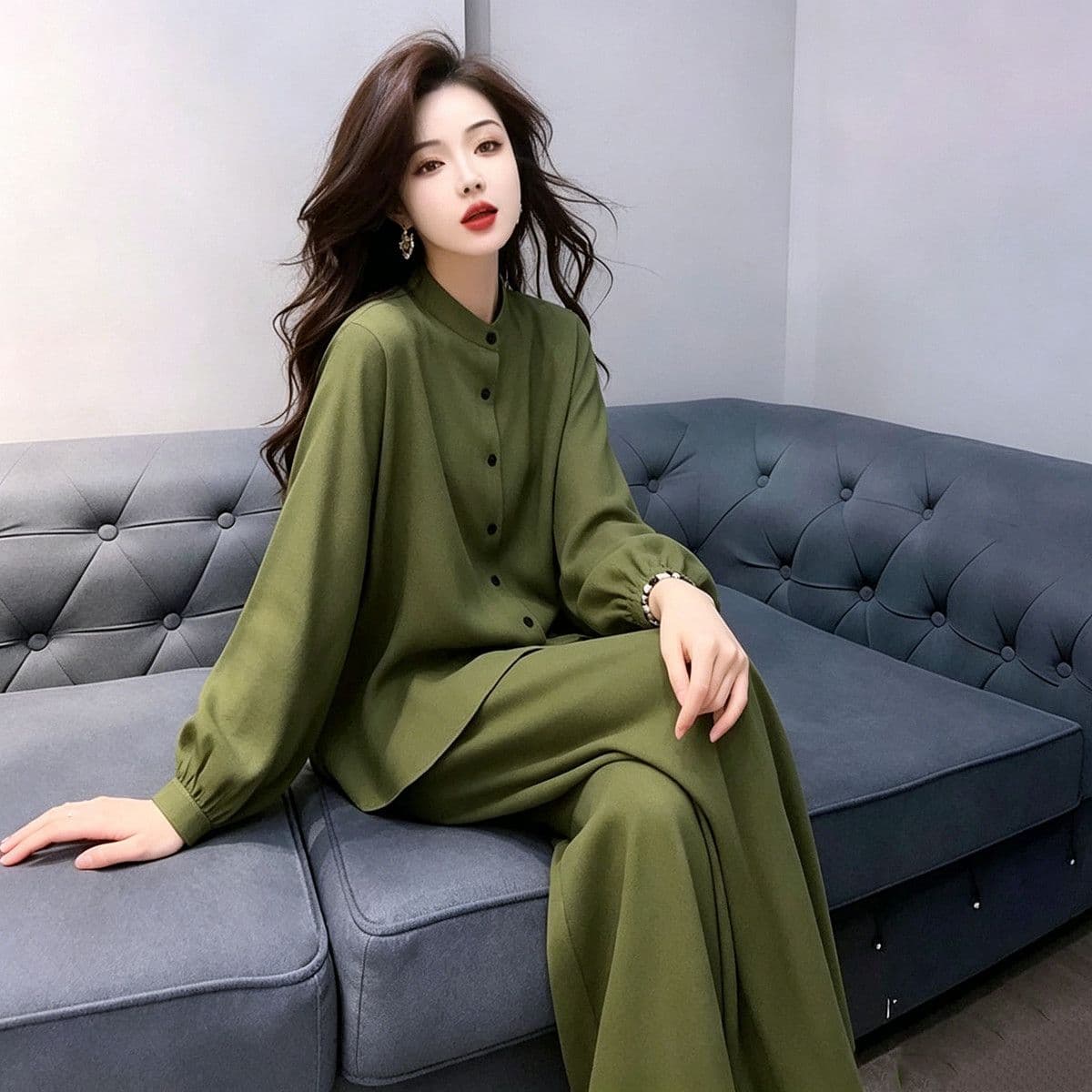 2026 년 봄 여름 스탠드 칼라 셔츠 와이드 레그 팬츠 작은 키 디스플레이 높음 투피스 세트 빛 국풍 패션 착용 가져 가라. 세트 여성 이미지 2