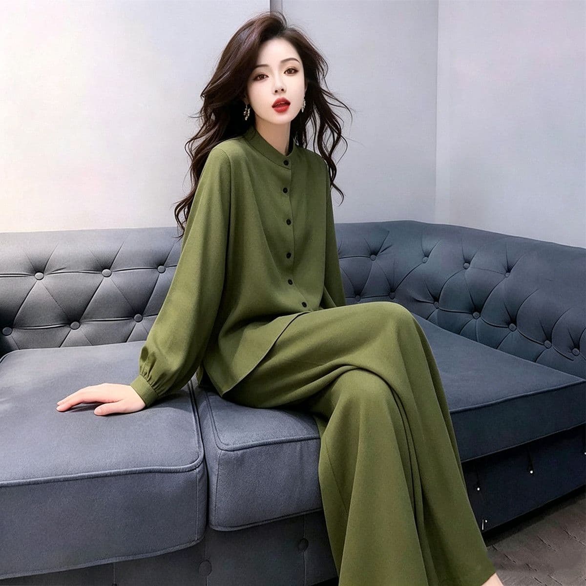 2026 년 봄 여름 스탠드 칼라 셔츠 와이드 레그 팬츠 작은 키 디스플레이 높음 투피스 세트 빛 국풍 패션 착용 가져 가라. 세트 여성 이미지 5
