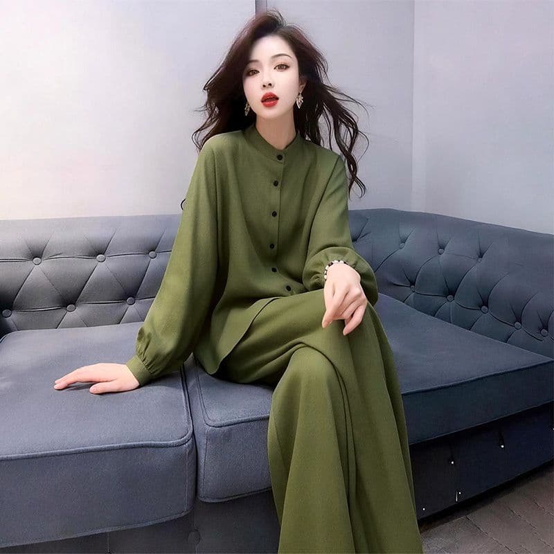 2026 년 봄 여름 스탠드 칼라 셔츠 와이드 레그 팬츠 작은 키 디스플레이 높음 투피스 세트 빛 국풍 패션 착용 가져 가라. 세트 여성 상세 이미지 4