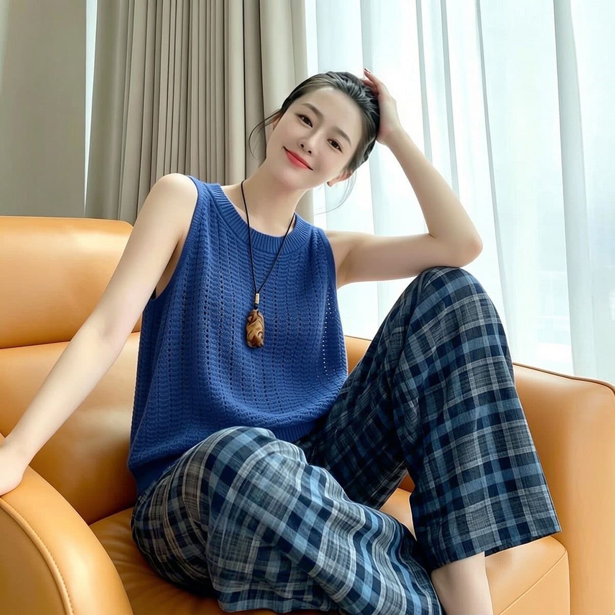 한 부서 레트로 체크무늬 와이드 레그 팬츠 세트 여성 여름 민소매 조끼 긴 바지 몸매 가꾸기 슬림해 보이는 캐주얼 다용도 투피스 세트 이미지 4