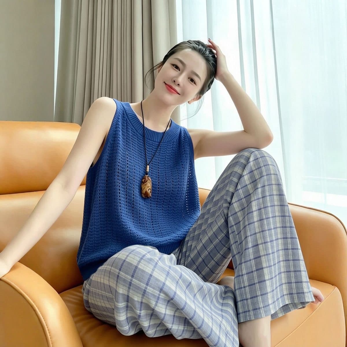 한 부서 레트로 체크무늬 와이드 레그 팬츠 세트 여성 여름 민소매 조끼 긴 바지 몸매 가꾸기 슬림해 보이는 캐주얼 다용도 투피스 세트 이미지 3