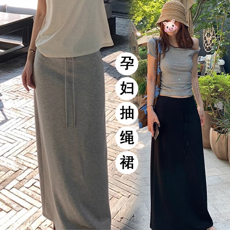 지금 임산부 느긋한 바람 펌프 로프 도루 가을 센스 트임 반신 스커트 여성 여름 한 부서 하이웨이스트 슬림해 보이는 타이트 스커트 길다 치마 이미지 2