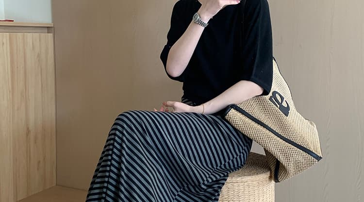 지금 임산부 라이 경기 서울 주간 실크 스트라이프 이후 트임 반신 스커트 여름 2026 새로운 한국 스타일 하이웨이스트 슬림해 보이는 롱 스커트 상세 이미지 21