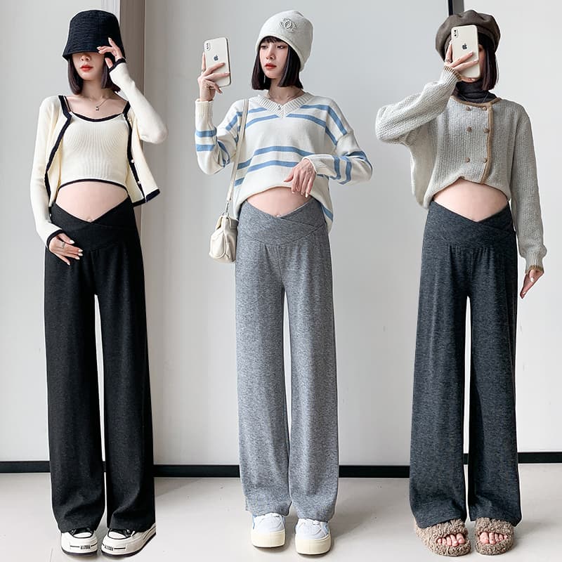 실사 임산부 바지 봄 가을 새로운 외출용 임산부 넓은 다리 찹쌀 바지 스트레이트 루즈핏 털이 있는 로우 웨이스트 바지 트렌디 이미지 3