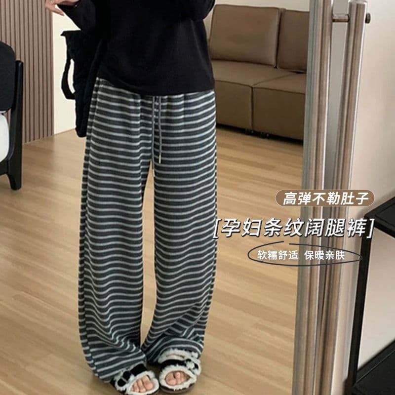실사 임산부 바지 니트 와이드 레그 팬츠 어린이 새로운 2026 가을 얇은 도루 가을 센스 없음 복부 지지 스트라이프 스트레이트 바지 이미지 5