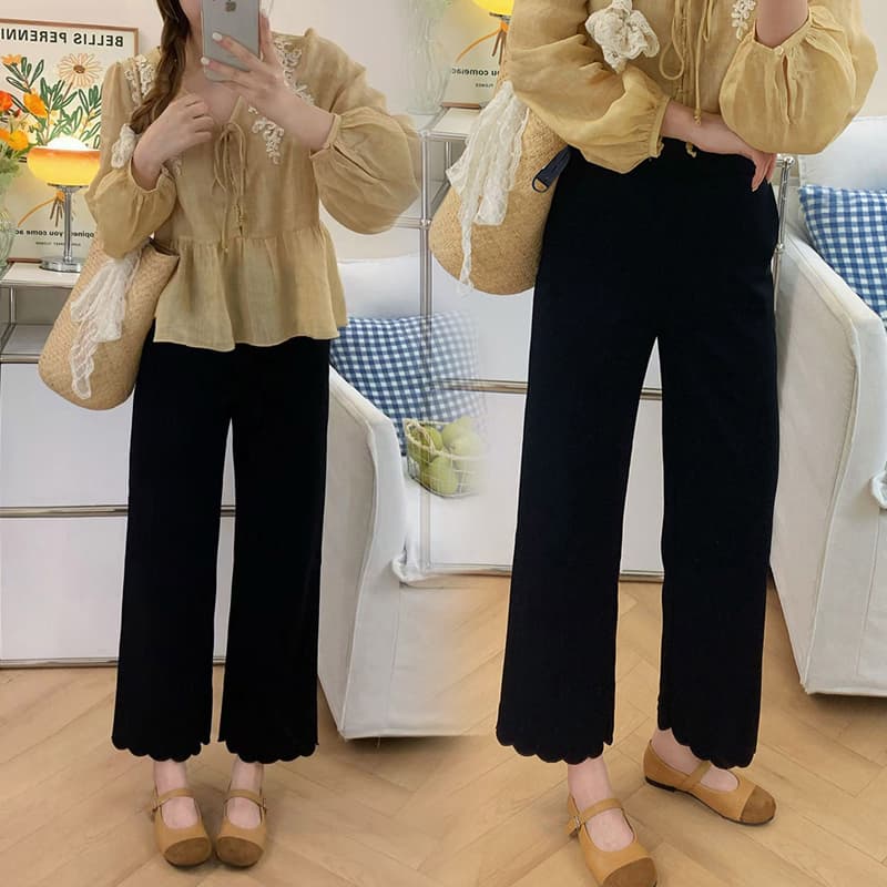 지금 임산부 검정색 레이스 캐주얼 바지 작은 키 봄 가을 2026 새로운 자수 슬림해 보이는 신축성 스트레이트 바지 이미지 2