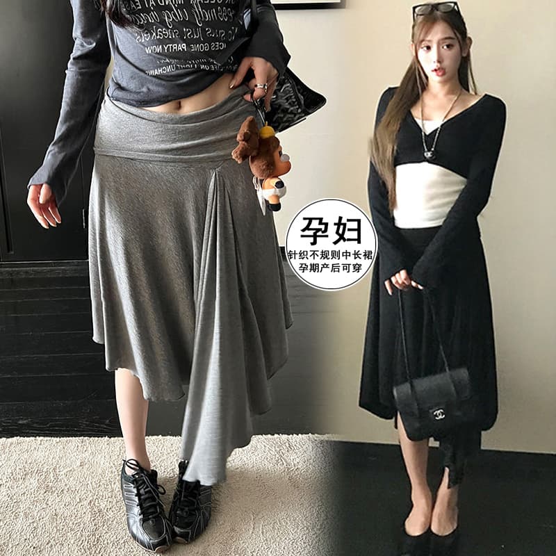 지금 임산부 니트 불규칙 도루 가을 센스 빅 플레어 스커트 여성 2026 봄 가을 하이웨이스트 슬림해 보이는 패키지 한 마디 반신 스커트 이미지 2
