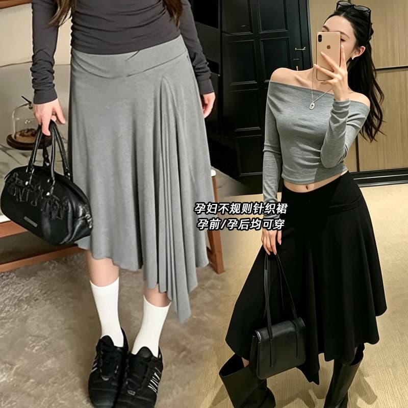 지금 임산부 니트 불규칙 도루 가을 센스 빅 플레어 스커트 여성 2026 봄 가을 하이웨이스트 슬림해 보이는 패키지 한 마디 반신 스커트 이미지 3