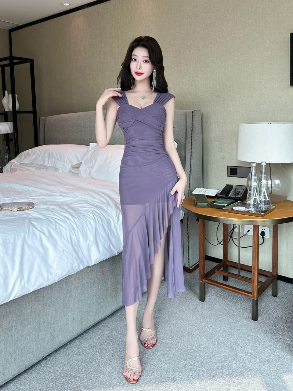 실사 망사 십자가 v 칼라 여성 드레스 몸매 가꾸기 슬림해 보이는 불규칙 밑단 품격 명문 여성 중간 길이 스커트 상세 이미지 26