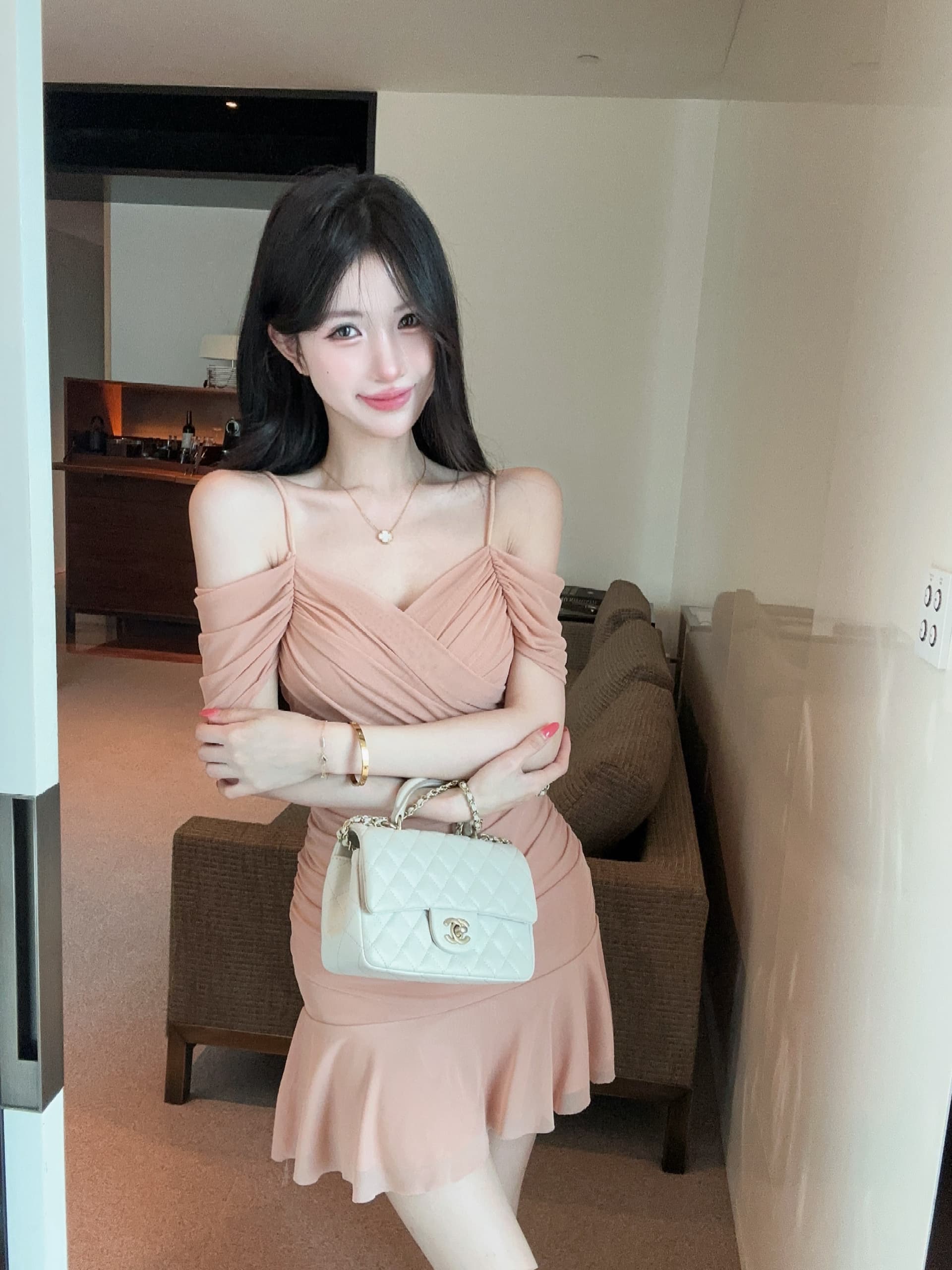 실사 순수한 욕망 바람 보라색 슬립 오프숄더 여성 드레스 여름 허리 수축 슬림해 보이는 주름 망사 핫걸 타이트 스커트 미니 스커트 상세 이미지 17
