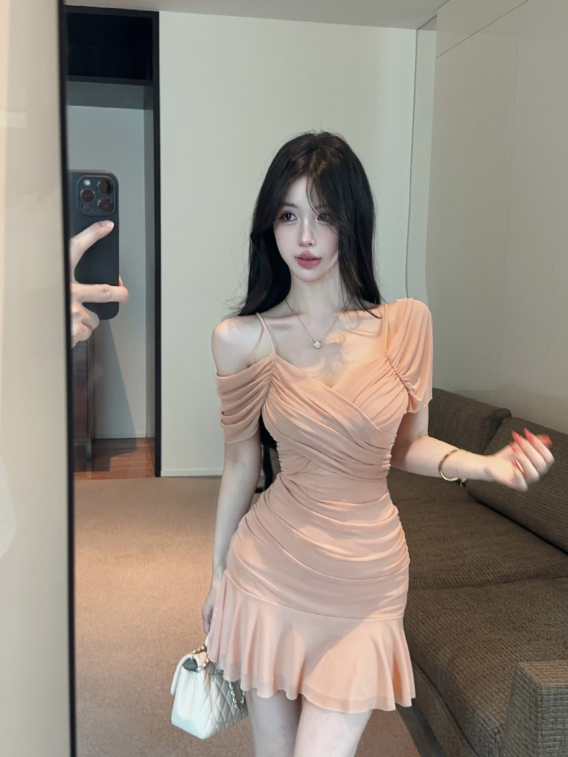 실사 순수한 욕망 바람 보라색 슬립 오프숄더 여성 드레스 여름 허리 수축 슬림해 보이는 주름 망사 핫걸 타이트 스커트 미니 스커트 상세 이미지 19
