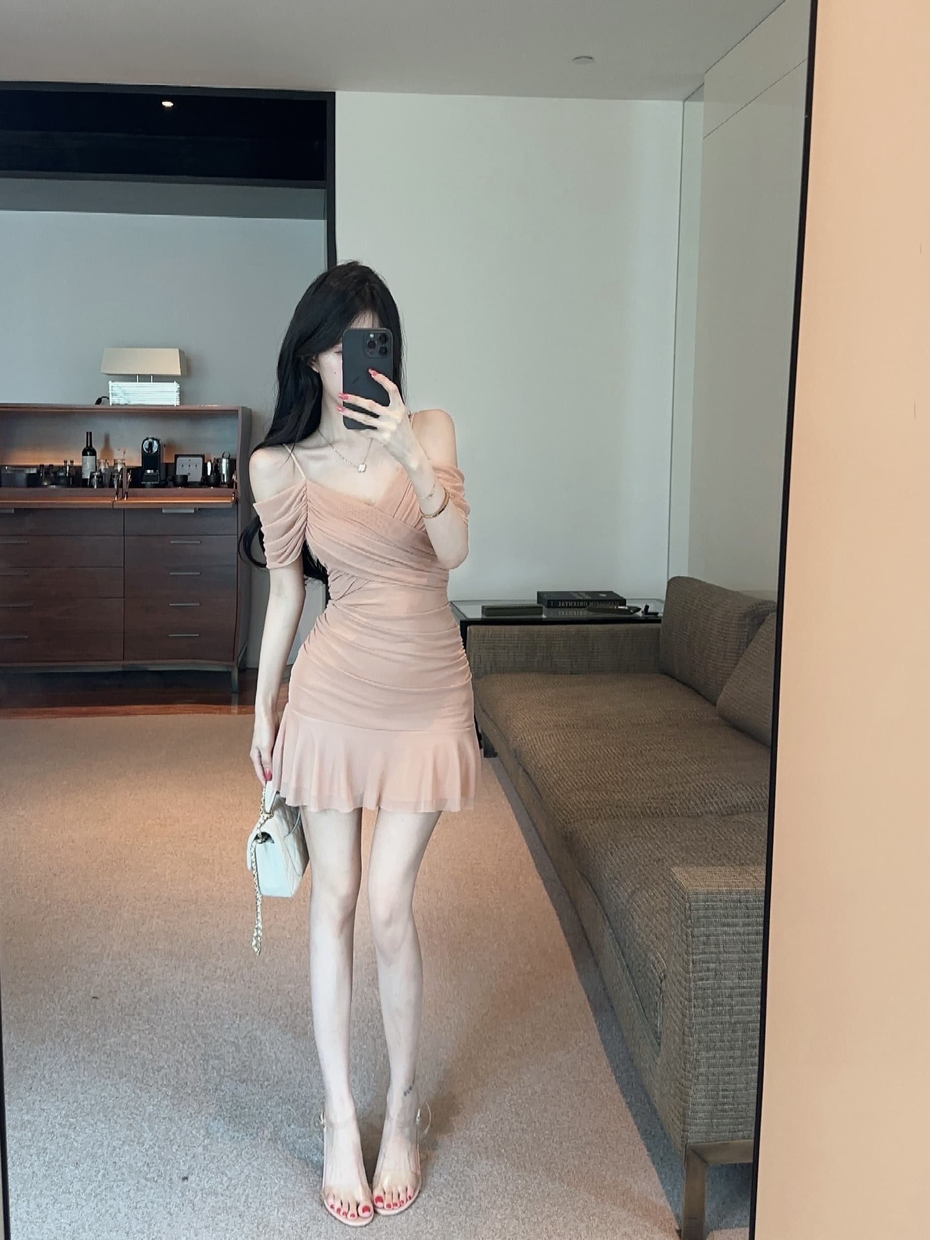 실사 순수한 욕망 바람 보라색 슬립 오프숄더 여성 드레스 여름 허리 수축 슬림해 보이는 주름 망사 핫걸 타이트 스커트 미니 스커트 상세 이미지 22