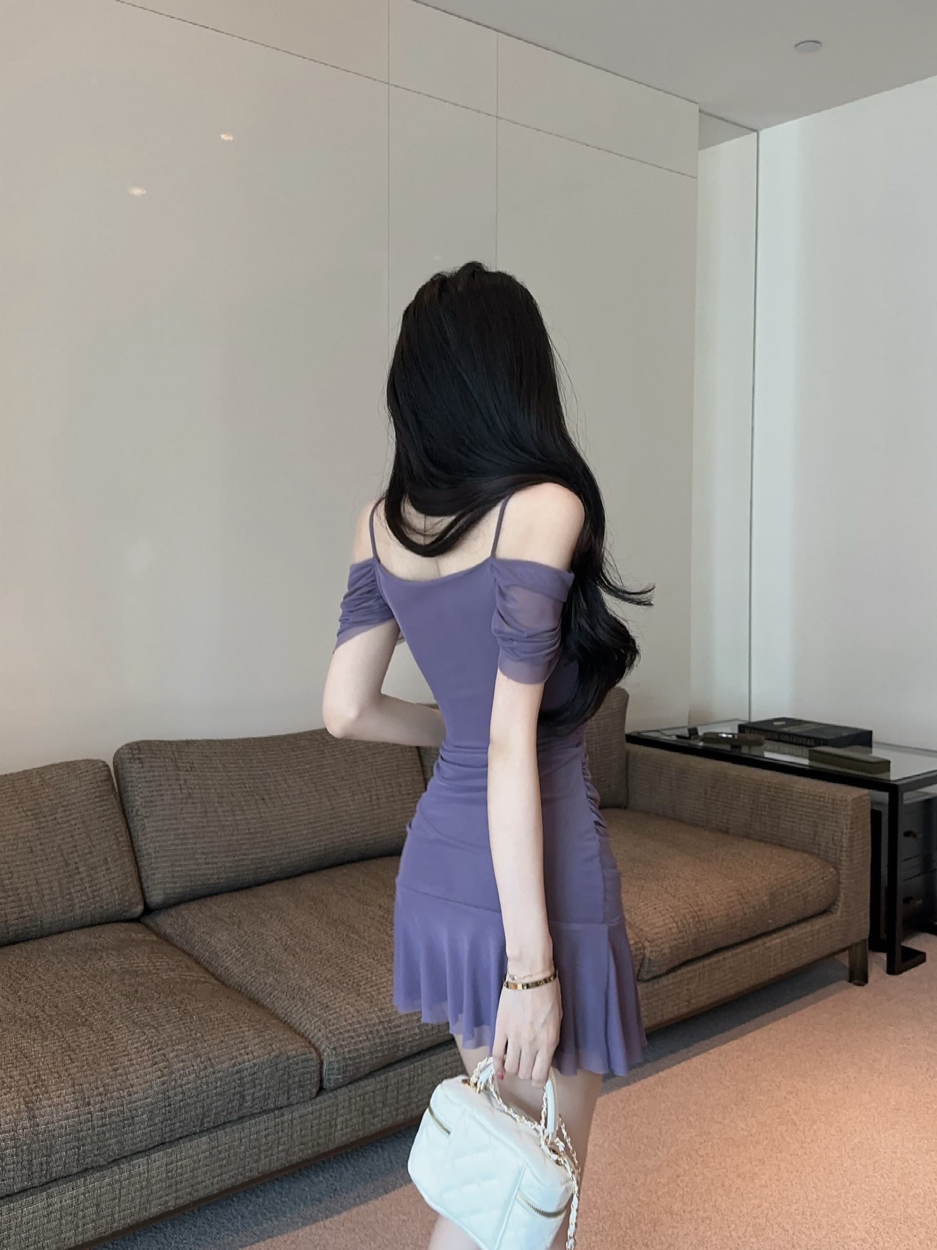 실사 순수한 욕망 바람 보라색 슬립 오프숄더 여성 드레스 여름 허리 수축 슬림해 보이는 주름 망사 핫걸 타이트 스커트 미니 스커트 상세 이미지 36
