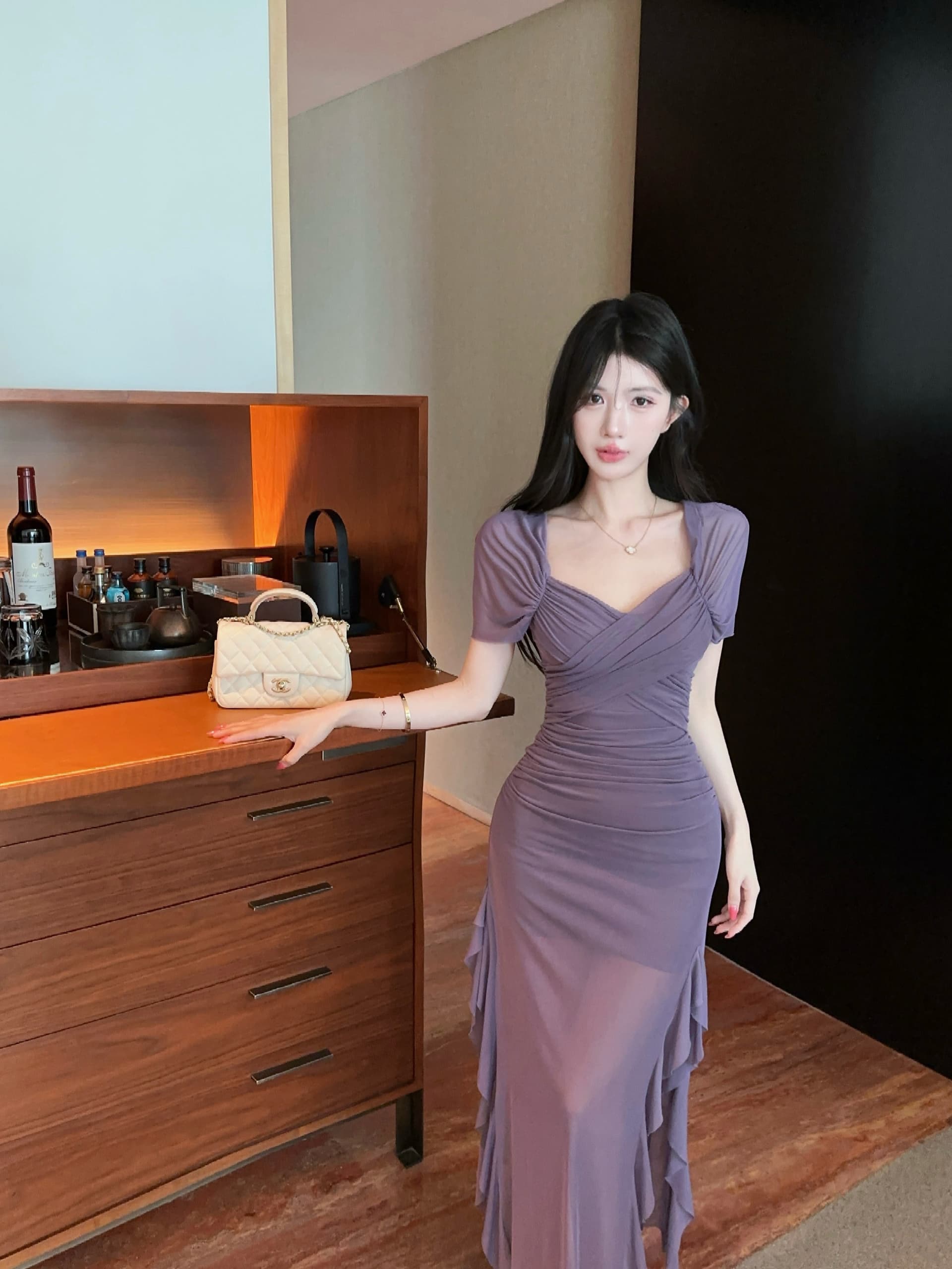 실사 순수한 욕망 바람 보라색 슬립 오프숄더 여성 드레스 허리 수축 슬림해 보이는 주름 망사 인어 꼬리 롱 코트 드레스 상세 이미지 12